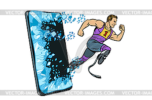 Безногий спортсмен, бегущий с протезом телефона - векторизованный клипарт