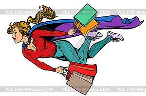 Superhero woman flying with shopping. sales and - royalty-free vector clipart