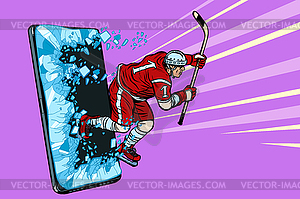 Hockey player Phone gadget smartphone. Online - vector clip art