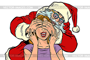 Surprise gift Santa Claus character, Christmas and - vector image