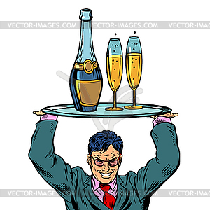 Waiter with cap tray with glasses - vector image