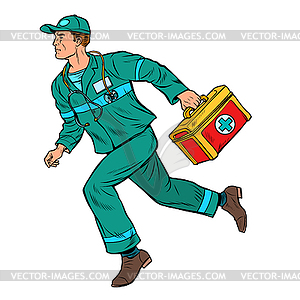 Ambulance doctor. Male medic with first aid kit - vector image