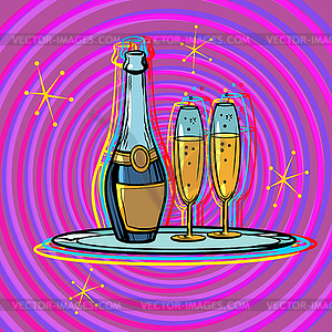 Bottle of champagne with glasses on tray. - vector clipart