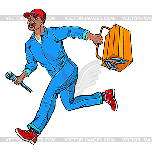 Male African master repairman runs - vector image