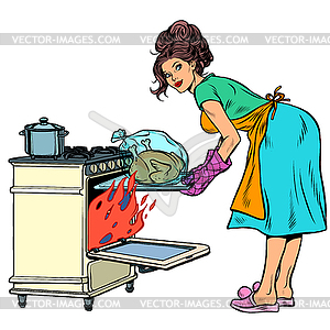 Woman housewife bakes bird in oven - vector clipart