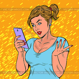 Young woman with smartphone. Techniques and gadgets - vector image