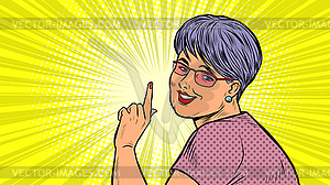 Woman of age points her finger - vector image