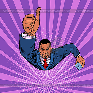 African businessman with smartphone like, thumbs up - vector image