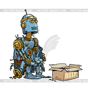Beggar homeless robot asks for alms - vector image