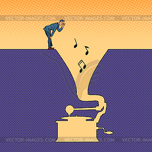 Music. man listens to an old vinyl gramophone - vector image