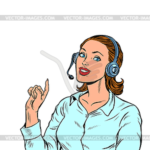 Female telecom operator. Telephone support - vector clip art