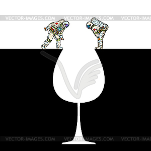Astronauts on edge . Glass of wine silhouette - vector image