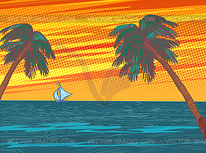 Sunset beach resort palm trees sea - vector image