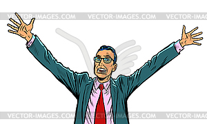 Happy businessman hand up gesture - vector image