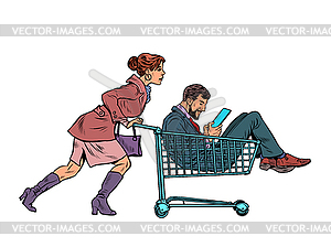 Woman with man in shopping cart in supermarket - vector clip art