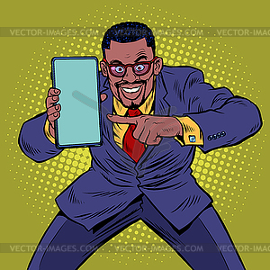 African businessman shows on smartphone. Mobile - vector clipart