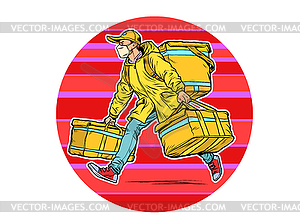 Courier in medical mask. food delivery during - vector image