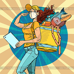 Courier girl in medical mask. food delivery during - vector image