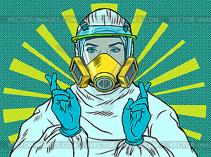 Female doctor in protective suit. Gesture lies - vector clipart