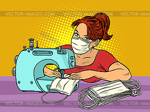 Woman sews medical masks. Clothing manufacture - royalty-free vector image