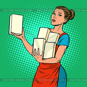 Woman advertises an empty package product template - vector image