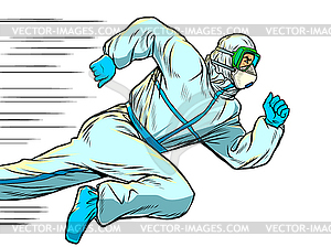 Hero doctor runs. Covid19 coronavirus epidemic - vector clipart