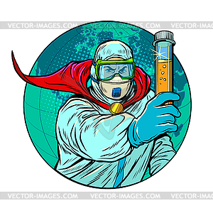 Doctor in protective suit with virus vaccine. - vector image