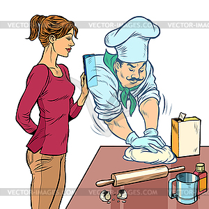 Женщина готовит на кухне. профессиональный повар помогает - иллюстрация в векторе