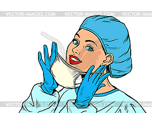 Female doctor putting on medical mask - vector image