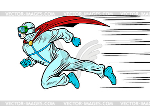 Runs to help superhero doctor man in protective - vector image