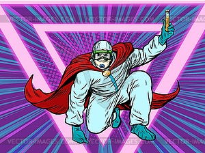 Superhero doctor man with vaccine medicine in - vector clipart