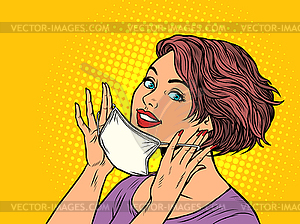 Woman puts on medical mask - vector clip art
