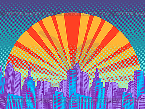 Modern city with skyscrapers, sunrise - vector clip art