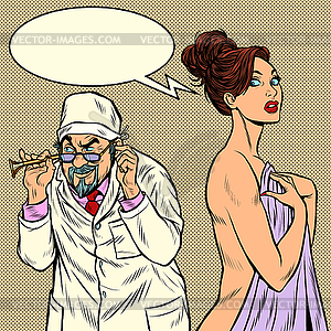 Doctor with retro stethoscope listening to female - vector clipart