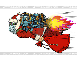 Santa Claus is flying on rocket backpack. - vector image