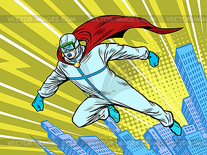 Superhero doctor man protects city in protective - vector clip art