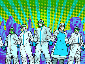 Epidemic concept. Doctors protect city - vector clip art