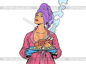 Woman with ready fried poultry chicken duck. isolate - vector clipart / vector image