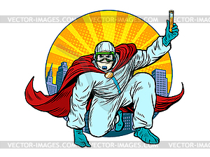 Superhero doctor man with vaccine medicine in - vector clip art