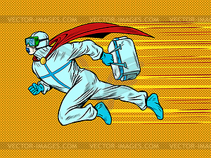 Superhero doctor man flies to rescue with medicine - vector image