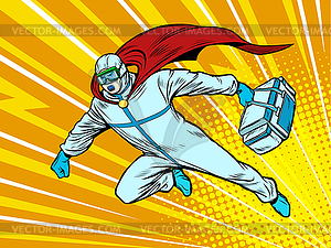 Superhero doctor man flies to rescue with medicine - vector image