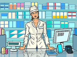 Woman pharmacist. Working in pharmacy. Medicine - vector image