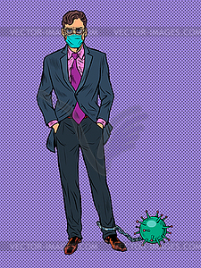 Male businessman with coronavirus like kettlebell o - vector image