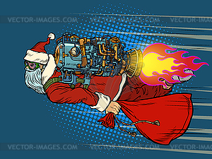 Santa Claus is flying on rocket backpack. - vector clip art