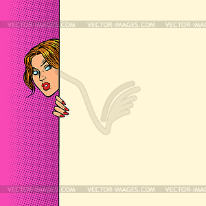 Woman looks out curiously. Poster advertising - vector clipart