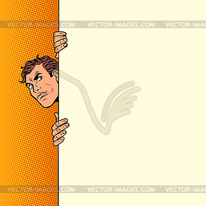 Man looks out curiously. Poster advertising - vector image