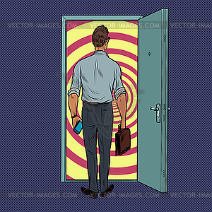 Male businessman on threshold of new solution - vector clip art