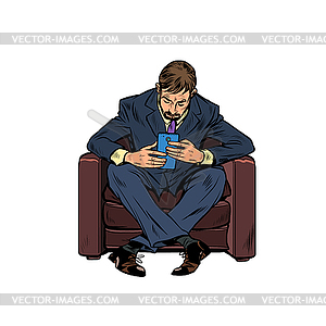 Male businessman uses smartphone - vector clip art