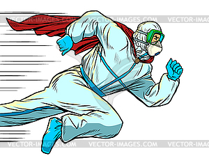 Super Hero doctor runs. Covid19 coronavirus epidemic - vector image