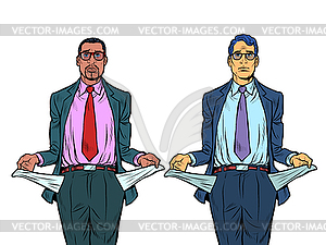 Bankrupt african and caucasian businessman. man - vector clip art